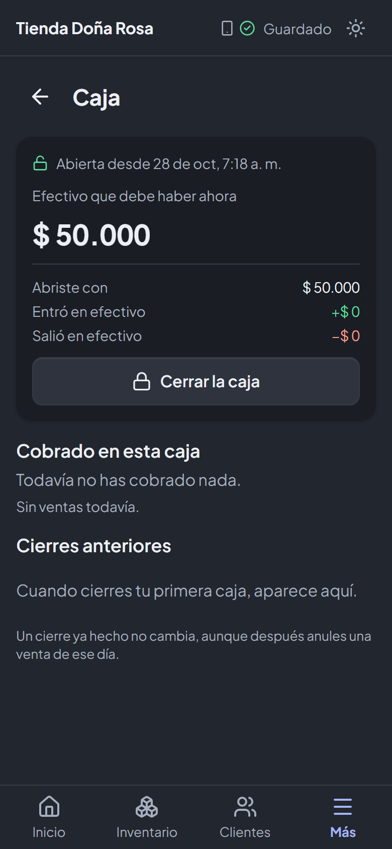 Caja abierta con el efectivo que debe haber