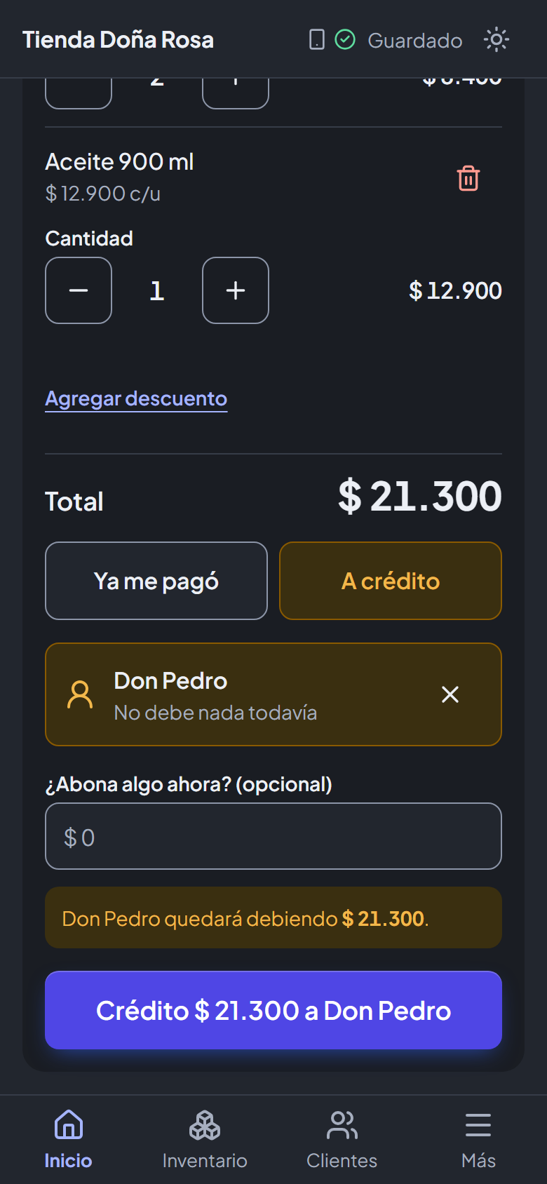 Venta a crédito a un cliente, con el total y lo que quedará debiendo