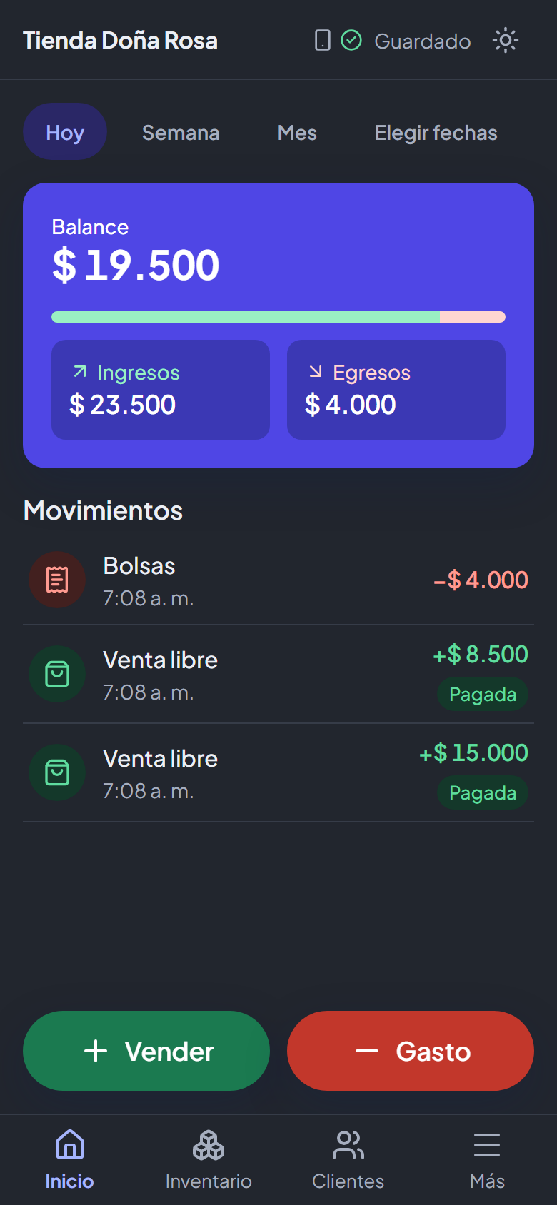 Inicio de KONTA con el balance del día, ingresos, egresos y movimientos