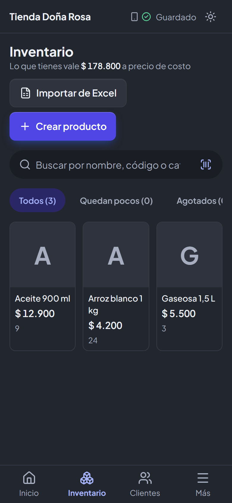 Inventario con productos, precios y cantidades disponibles